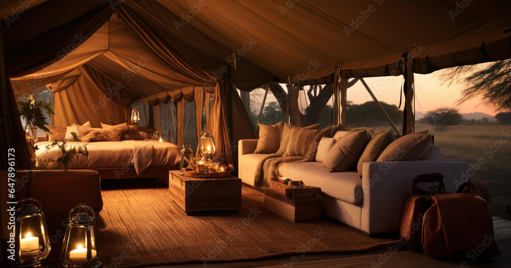 Luxury safari tent set up in the wilderness, complete with plush furnishings and a private view of the savanna - obrazy, fototapety, plakaty 