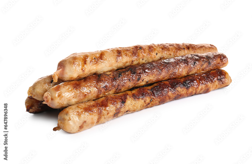 Tasty grilled sausages on white background Tasty grilled sausages on white background