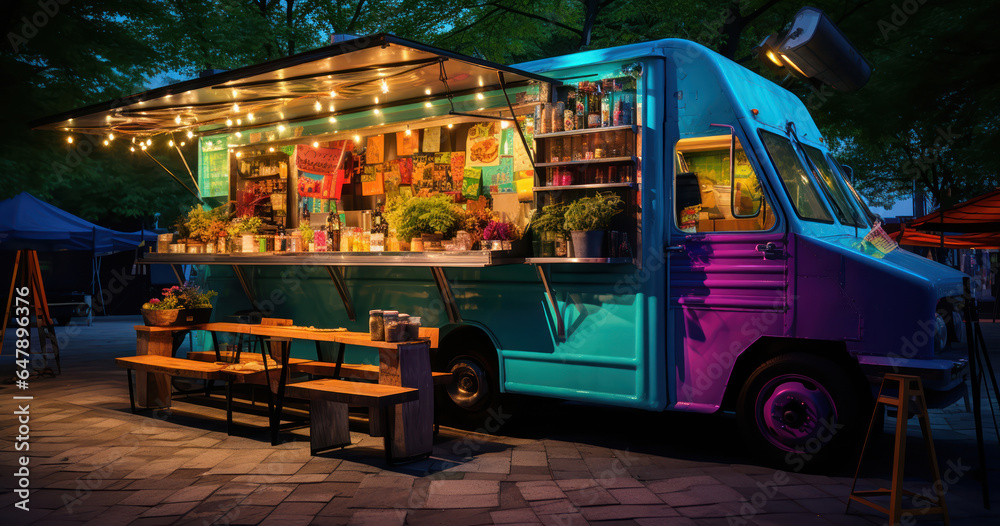 Obraz premium Food truck parked at an outdoor festival, serving a variety of street food