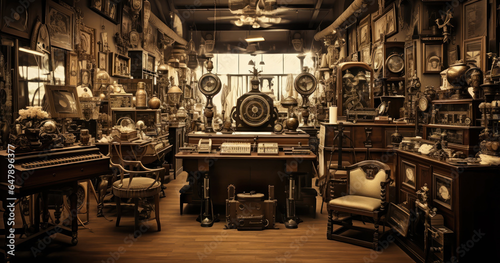 Antique store filled with a variety of vintage items like furniture, jewelry, and art pieces