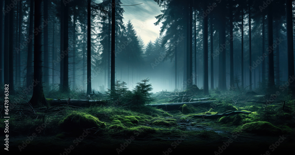Fototapeta premium Serene forest scene captured during twilight, with fog rolling in between the trees