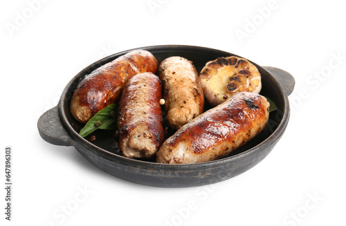 Frying pan with tasty grilled sausages on white background