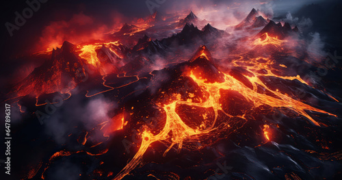 Aerial view of an active volcano, capturing the molten lava flows and surrounding landscape