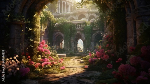 A secret garden hidden behind ancient stone walls  bursting with blooms of every color.