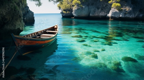 A secret shoreline, where rustic boats blend seamlessly with the turquoise waters.