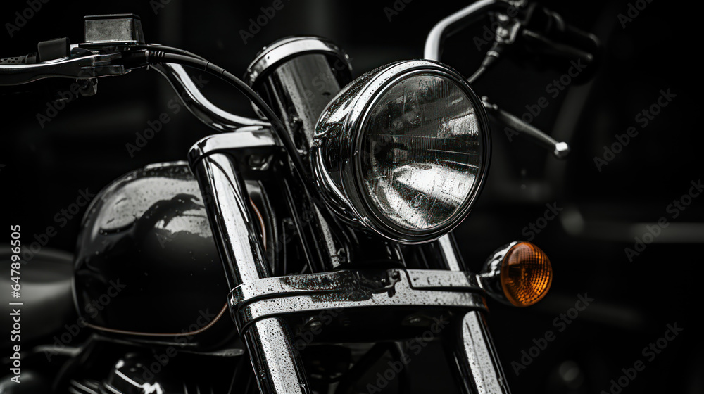 Motorcycle headlamp and handlebars, highlighting their classic design