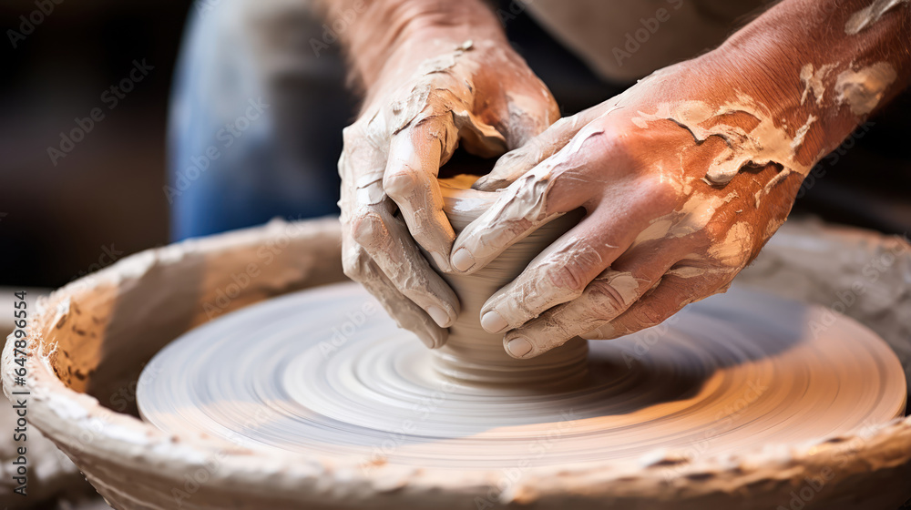 Ceramic artist hands shaping clay on a potter wheel