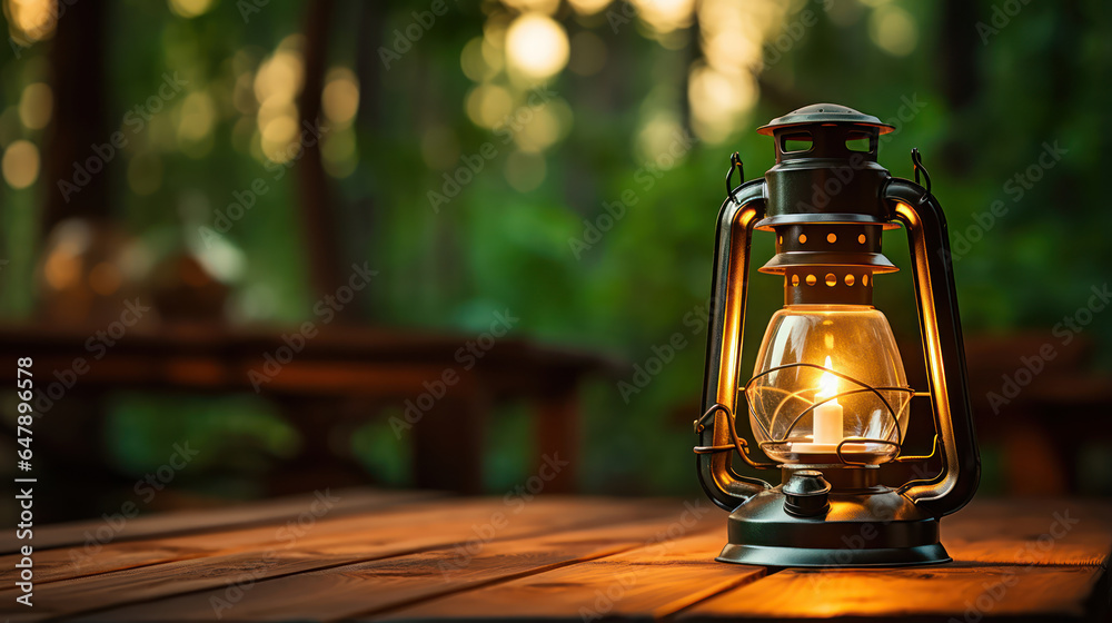 Camping lantern illuminating a rustic wooden table - obrazy, fototapety, plakaty 