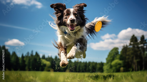 Dog caught mid jump while trying to catch a frisbee