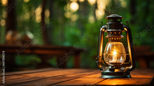 Camping lantern illuminating a rustic wooden table photo