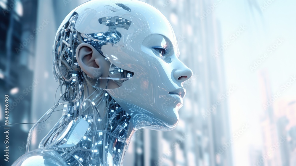 Portrait of head of the female AI robot witch copy space Portrait of head of the female AI robot witch copy space