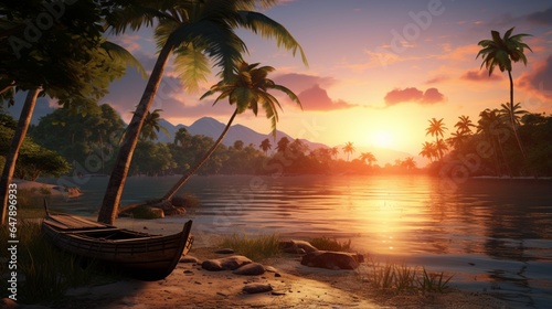 A serene tropical isle with wooden boats at rest, caressed by the golden rays of dawn. photo
