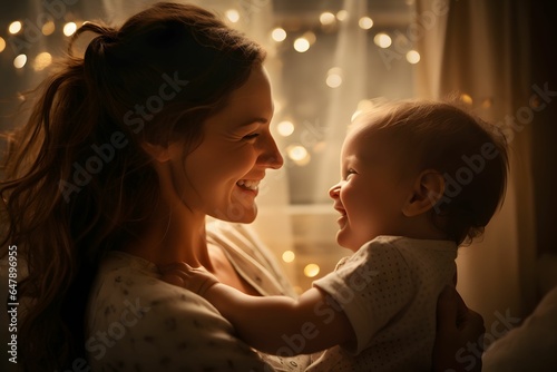 Happy mother and kid enjoy playing together at night before going to sleep