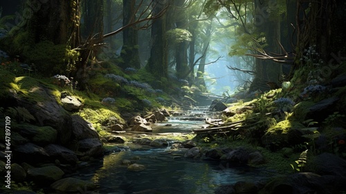 A tranquil forest clearing, where ancient trees whisper secrets to the tranquil stream below. © digi