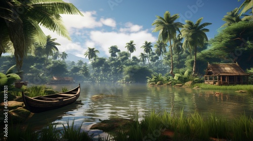 A tranquil lagoon embraced by lush greenery and graced by traditional fishing boats. © digi