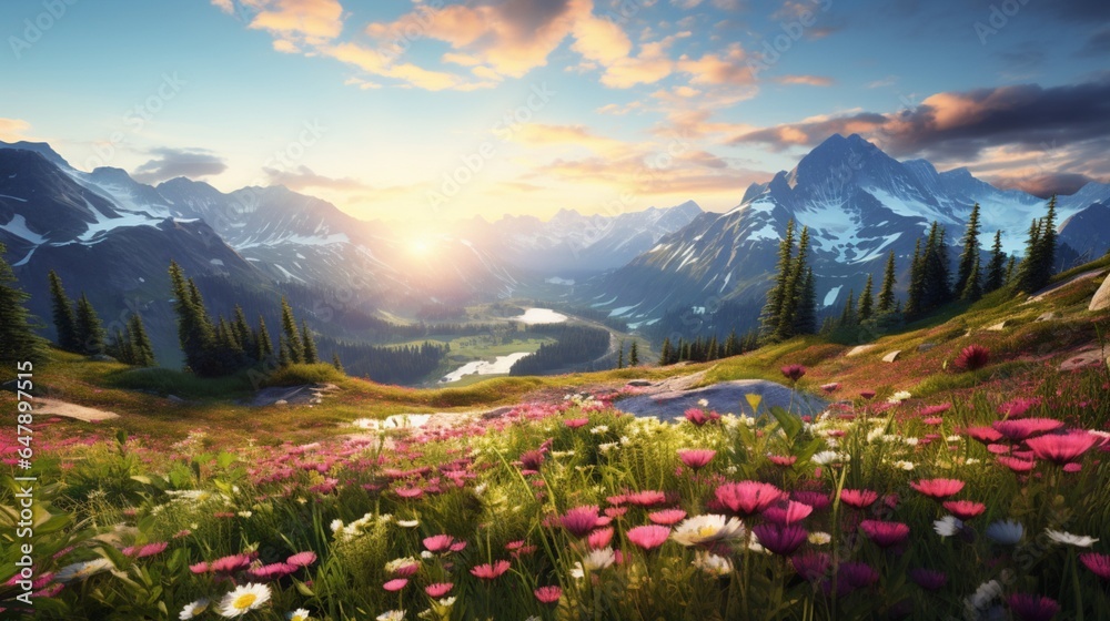 An alpine meadow, blanketed in a riot of wildflowers, a living tapestry of vibrant hues. - obrazy, fototapety, plakaty 