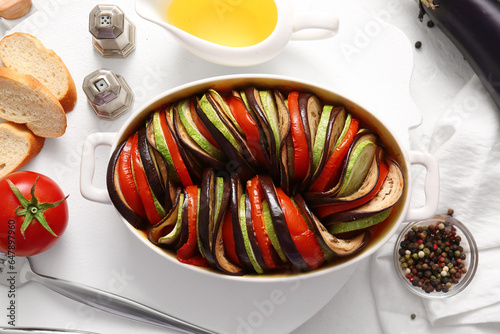 Baking dish of tasty Ratatouille on white background