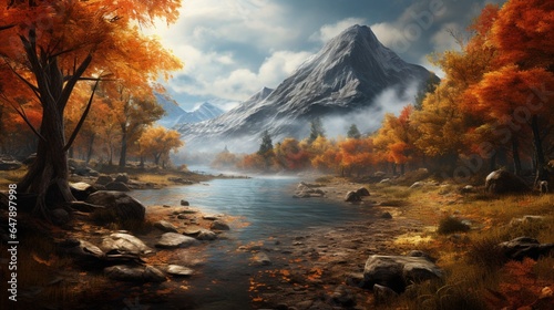 In the embrace of autumn, oak trees by the river gleam in hues of russet, their fallen leaves a coppery carpet under the mountain's watchful eye. © digi