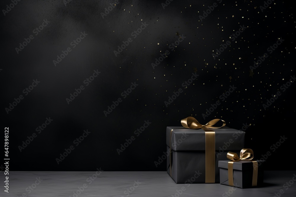 Black Friday elegant gift set of graphite boxes with golden ribbons and bows against a black starry wall, suitable also for Christmas - background with copy space - obrazy, fototapety, plakaty 