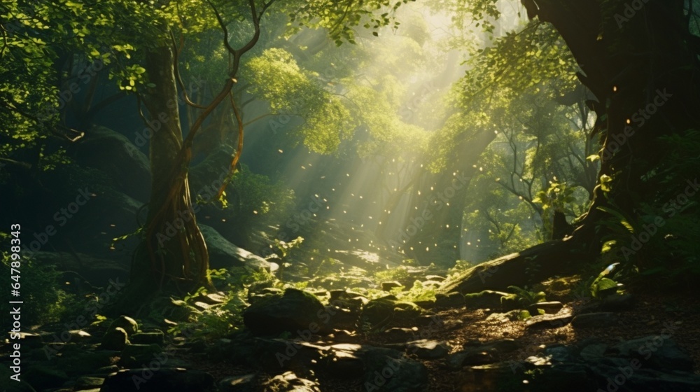 Sunlight dances through the leaves of an emerald canopy, illuminating a hidden grove in a pristine forest.