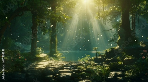 Sunlight dances through the leaves of an emerald canopy, illuminating a hidden grove in a pristine forest. © digi