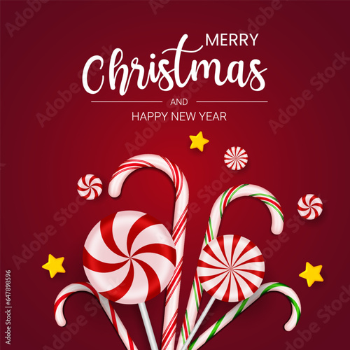 Merry christmas and happy new year greeting card template. Christmas candy cane vector illustration