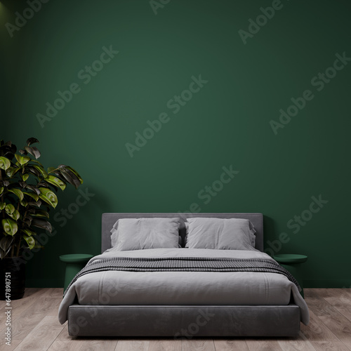 Cozy minimal bedroom in modern interior design home or hotel style. Deep color green trend - dark emerald viridian painted walls and gray bed. Scene mockup background for art or decor. 3d rendering photo