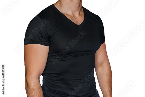 Athletic male body in black tight-fitting tank top man style clothes fashion on white background isolated