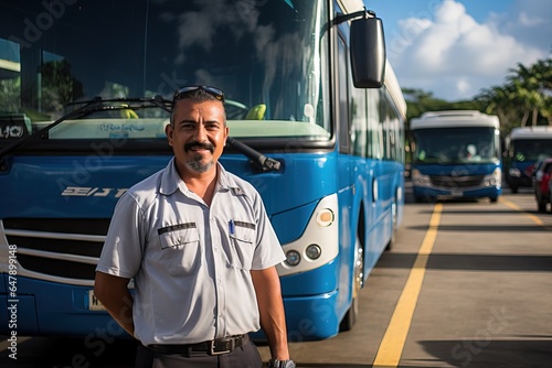 Portrait of smiling senior bus driver in driving uniform standing in front of a bus public transport driver occupation Generative AI