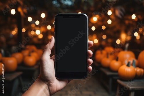 Hand holding smartphone blank screen on the background of hallaween Generative AI photo