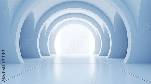 3D illustration blue symmetric minimalist exhibition background. Empty room studio background wall display products.