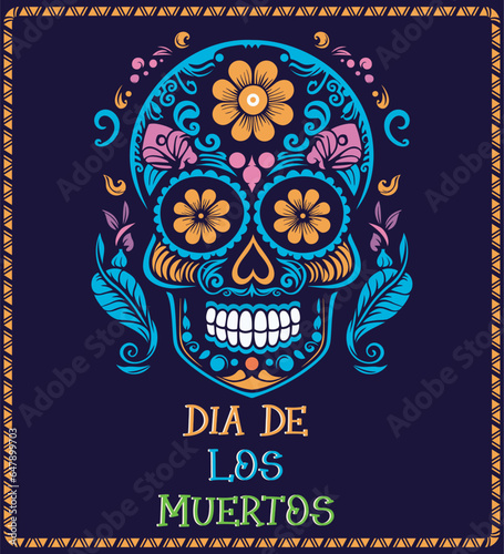 Day of the dead, Dia de los moertos, banner with colorful Mexican sugar skull. Fiesta, holiday poster, party flyer, greeting card