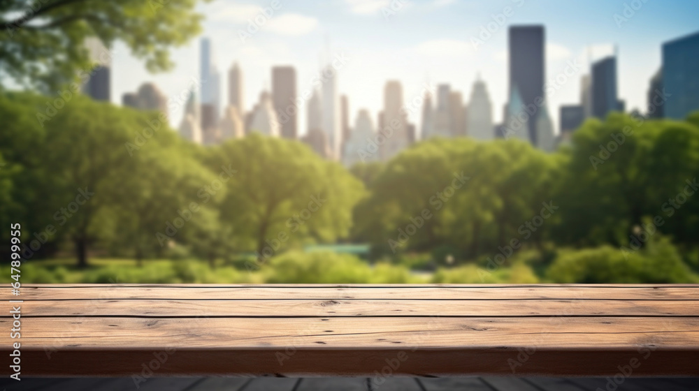 Empty wooden table top with blur background of park and city Empty wooden table top with blur background of park and city