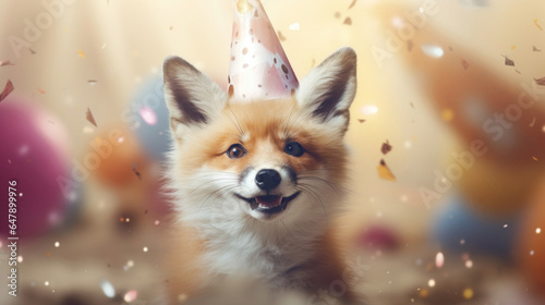 Happy fox in a birthday hat against a blurry background with confetti © red_orange_stock
