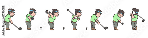 ゴルフスイング後方、ドライバーショット連続写真風のイラストセット