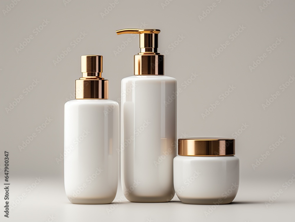 Set of white cosmetic bottles with golden caps isolated on white background, clean style collection of skin care products. Minimal 3D blank package cosmetic mockup,Generative Ai Set of white cosmetic bottles with golden caps isolated on white background, clean style collection of skin care products. Minimal 3D blank package cosmetic mockup,Generative Ai