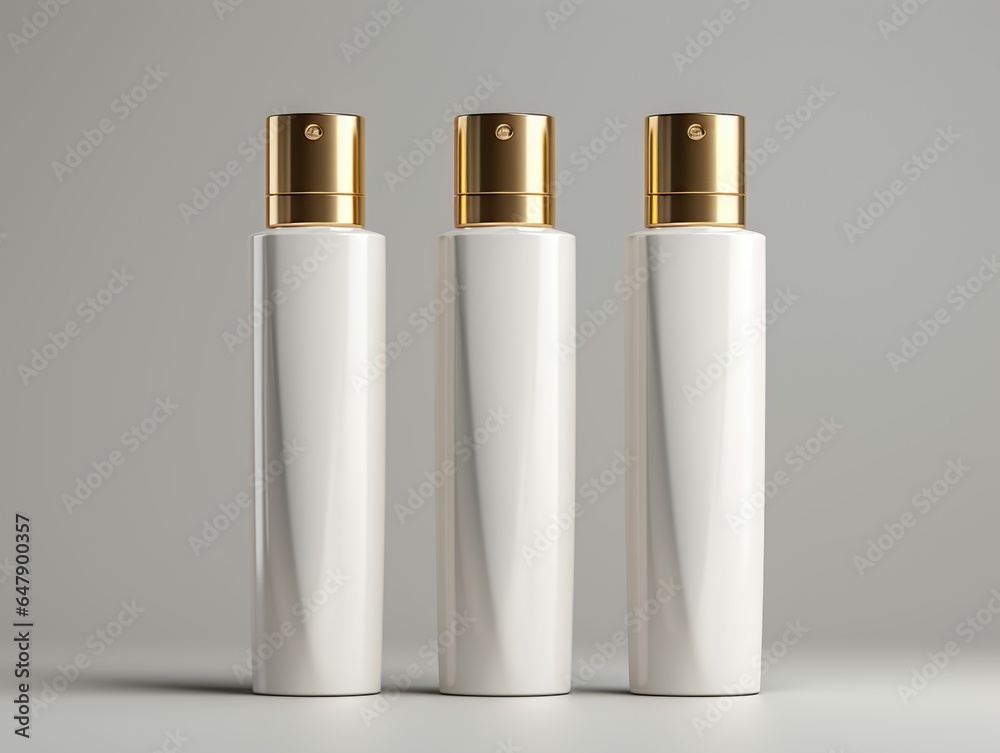 Set of white cosmetic bottles with golden caps isolated on white background, clean style collection of skin care products. Minimal 3D blank package cosmetic mockup,Generative Ai Set of white cosmetic bottles with golden caps isolated on white background, clean style collection of skin care products. Minimal 3D blank package cosmetic mockup,Generative Ai