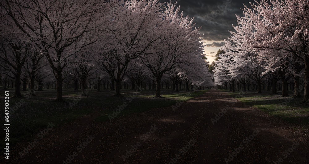 dark forest nature path in the park woods with dense trees grass and foliage at night. green and white leaves with pink blossoms at sundown. dark forest nature path in the park woods with dense trees grass and foliage at night. green and white leaves with pink blossoms at sundown.