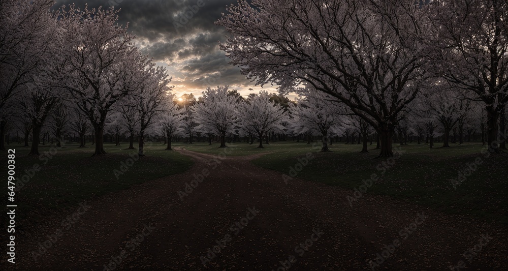 dark forest nature path in the park woods with dense trees grass and foliage at night. green and white leaves with pink blossoms at sundown. dark forest nature path in the park woods with dense trees grass and foliage at night. green and white leaves with pink blossoms at sundown.