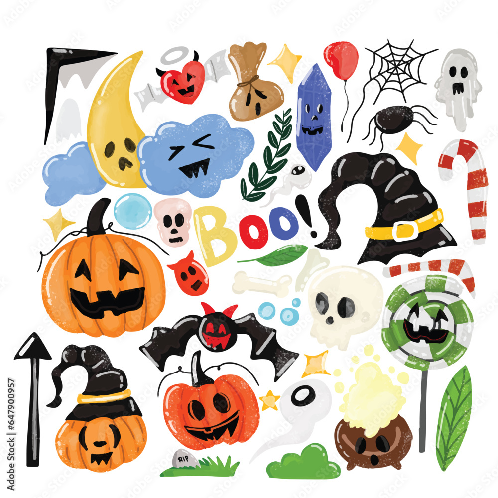 Obraz premium watercolor halloween set of isolated ghost, hat, skull element design. outline doodle halloween