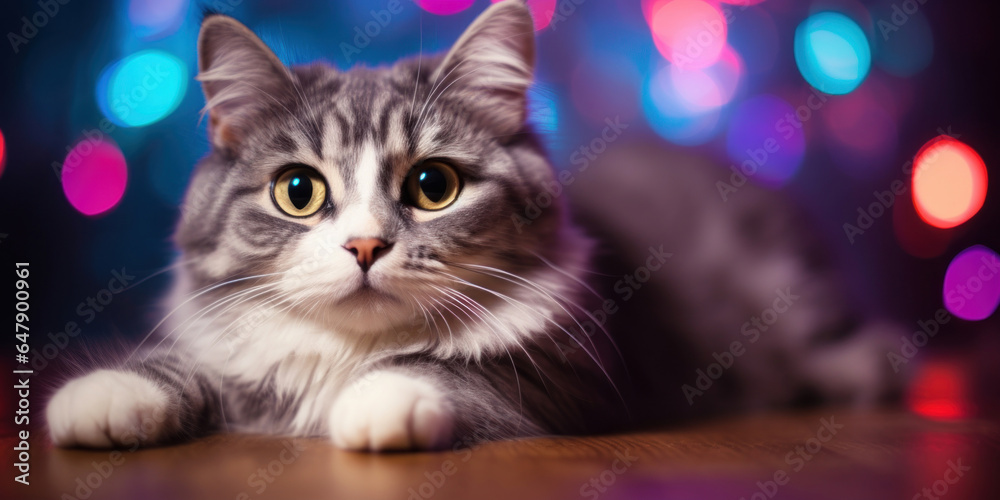 Close up cat on colorful bokeh christmas background Close up cat on colorful bokeh christmas background