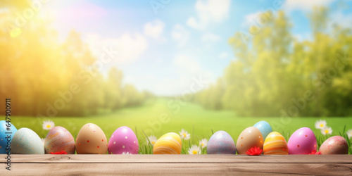 Wooden table with easter eggs and blurred spring meadow background