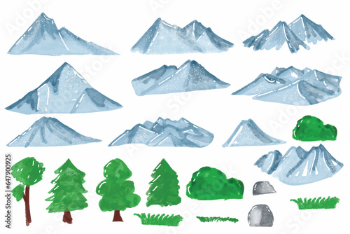 set of popular landcape blue mountain element. invitation templates. hand drawn watercolor set of mountains and trees isolated on white. Natural  ecological  touristic