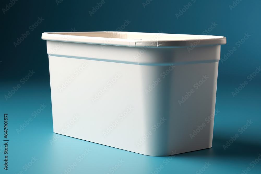white tall rectangular food container on an angle, over a blue studio seamless background white tall rectangular food container on an angle, over a blue studio seamless background
