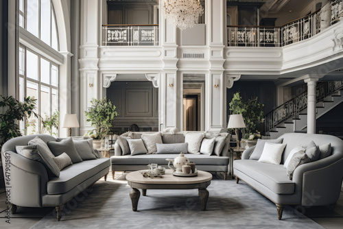 A Luxurious Living Room Interior in White and Silver Colors, adorned with Elegant Furniture and Chic Decor © aicandy