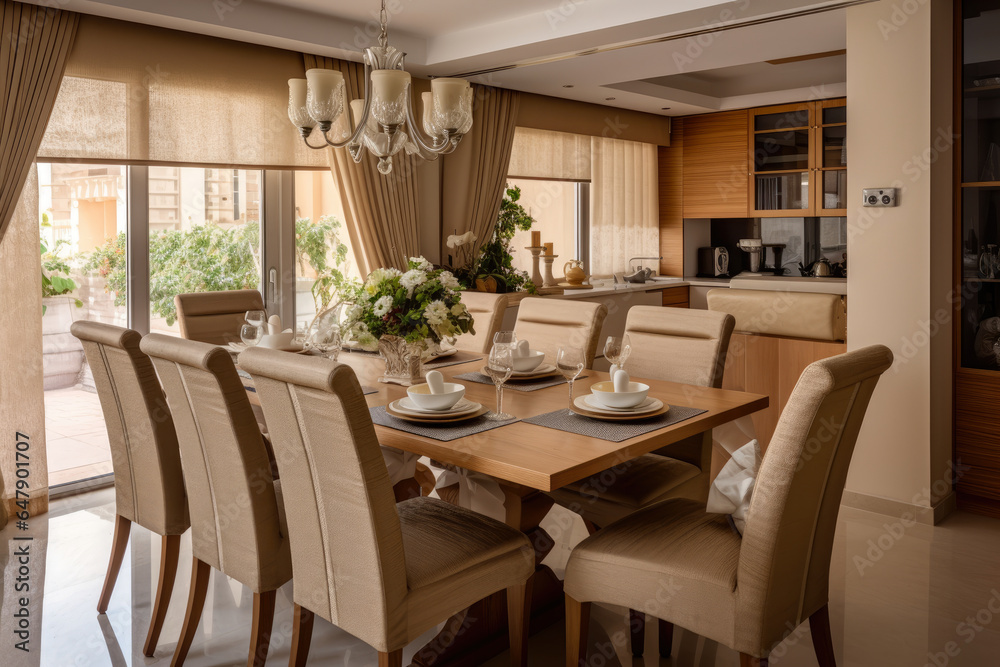 Elegant Dining Room with a Harmonious Blend of Brown and Beige Tones, Creating a Warm and Inviting Ambiance Elegant Dining Room with a Harmonious Blend of Brown and Beige Tones, Creating a Warm and Inviting Ambiance
