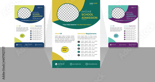 Flyer template for Kids back to school education admission design. Online school admission flyer design.