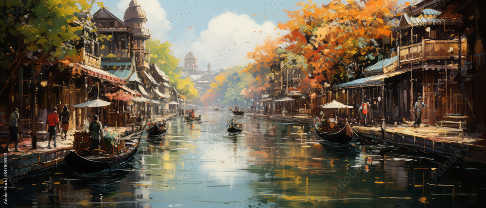 Canal in the old town. Digital oil color painting illustration.