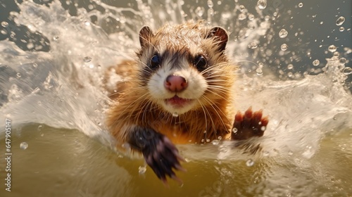 Playful ferret splashing water in a bath Generative AI photo