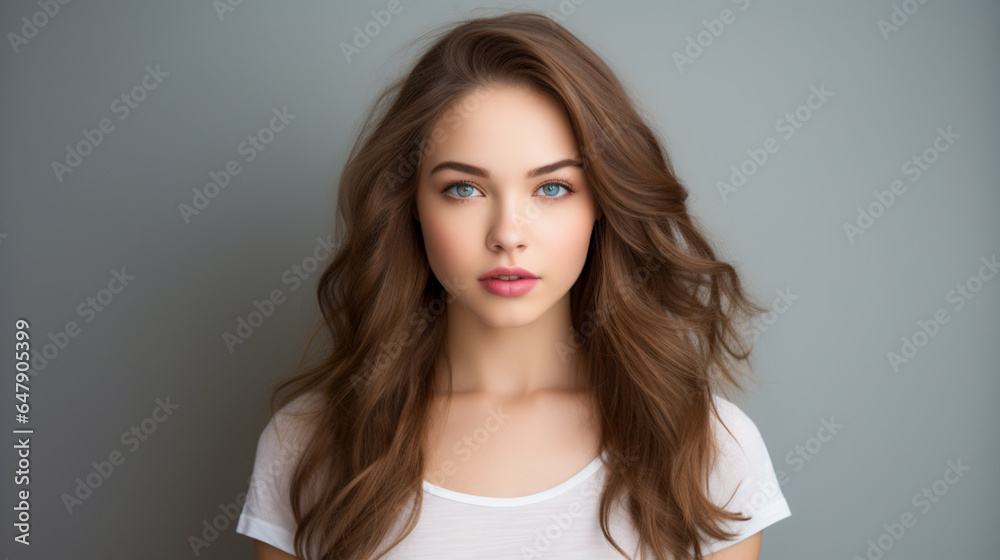 Studio shot, model in T-shirt, soft grey backdrop, focused overhead lighting. Studio shot, model in T-shirt, soft grey backdrop, focused overhead lighting.
